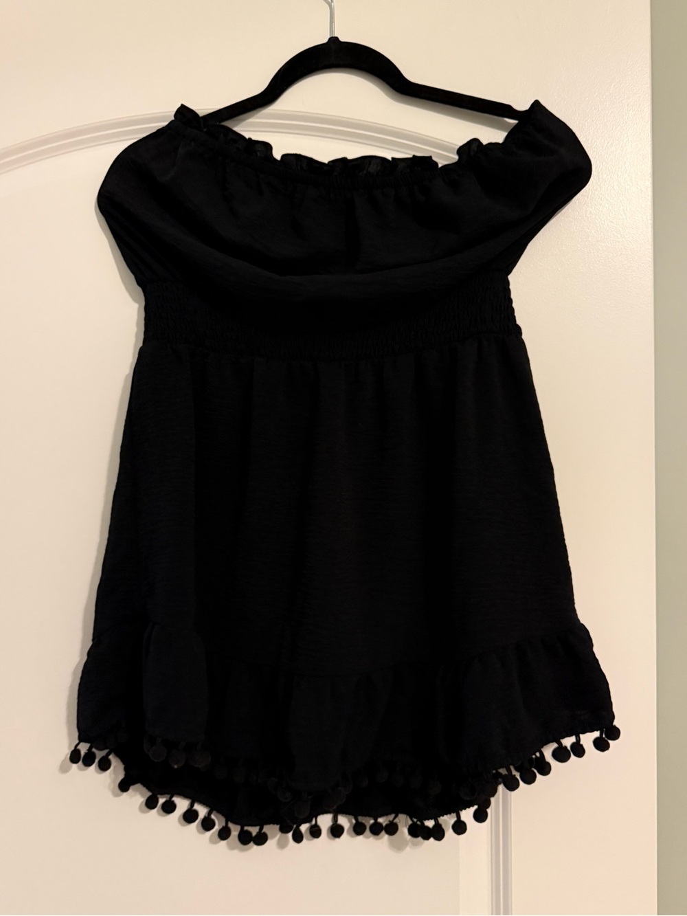 Black Off-Shoulder Mini Dress with Pom-Pom Trim